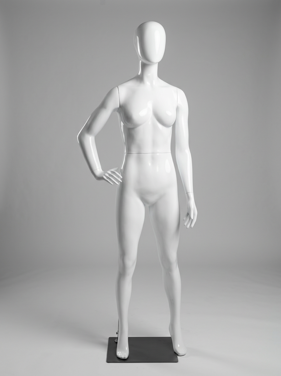 Maniquí femenino colección fit en pose natural, acabado resina blanca mate